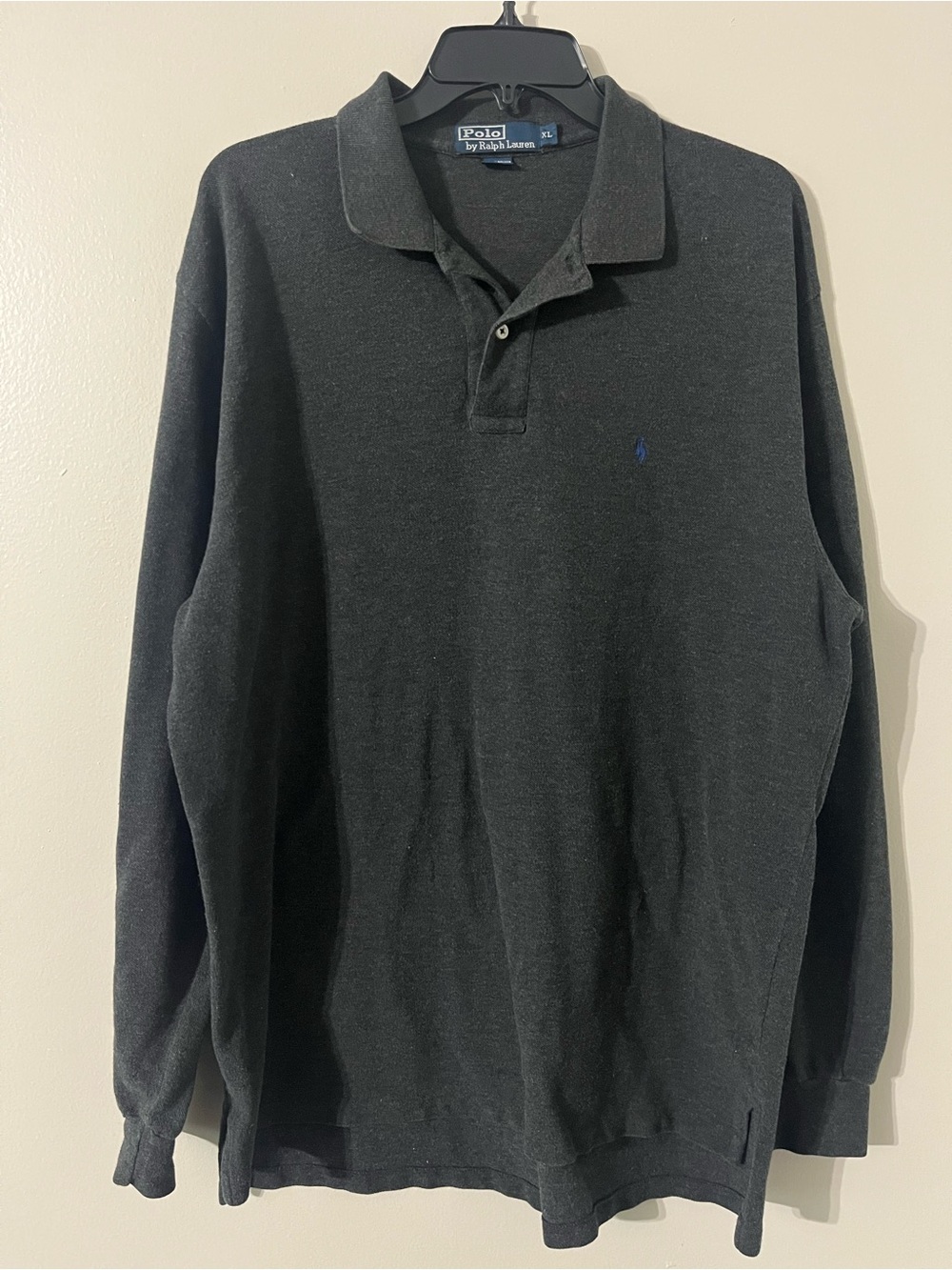 Polo by Ralph Lauren Men's Oversized Long-Sleeve Charcoal Polo Shirt Sz-Men’s XL